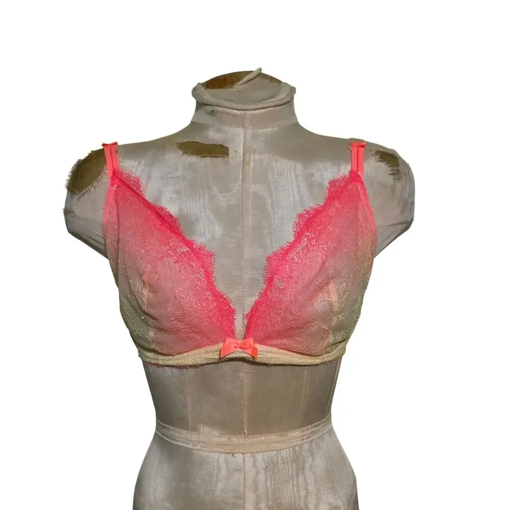 Victorias Secret Very Sexy Unlined Plunge Chantilly Lace Bra Coral Yellow 36DD - Picture 1 of 4